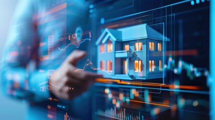 A digital interface showcasing a house model with graphs and data, illustrating the intersection of real estate and technology.
