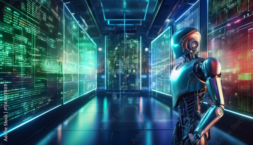 Poster the future of ai: a sleek, metallic robot stands amidst a futuristic digital landscape, surrounded b