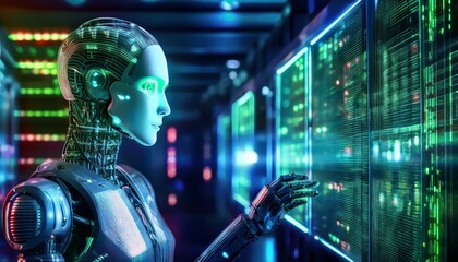 Fototapeta premium The Future of Technology: A humanoid robot stands amidst a futuristic server room, its digital eyes reflecting the glow of data streams on a massive monitor.