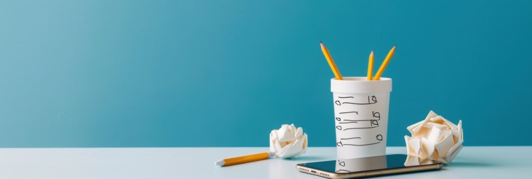 A minimalist workspace featuring a cup with pencils, a smartphone, and crumpled paper on a clean surface against a blue background.