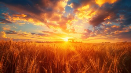 Obraz premium Wheat field at beautiful sunset, AI generated image