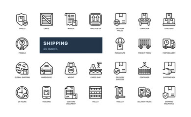 Shipping delivery logistics shipment global distribution outline line icon set