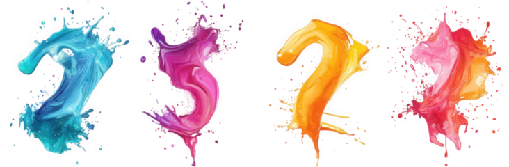 colorful paint splatter forming numbers 7. 5. 2. and 2. isolated on transparent background