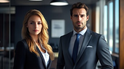 Fototapeta premium A professional businessman and woman in fine suits, captured in a realistic office environment with perfect lighting, making them appear as if they were photographed in real life.