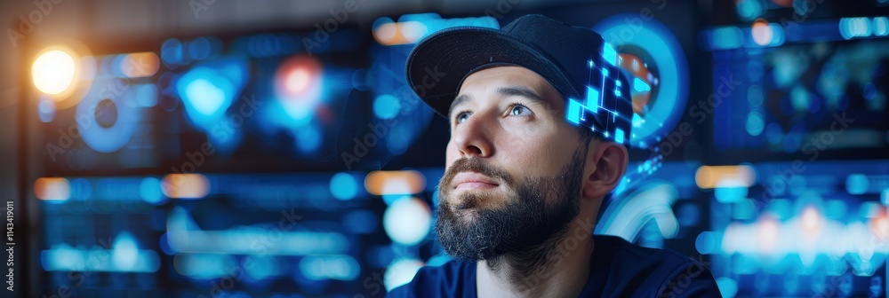 Poster a focused man with a beard looks up thoughtfully in a tech-filled environment, surrounded by digital