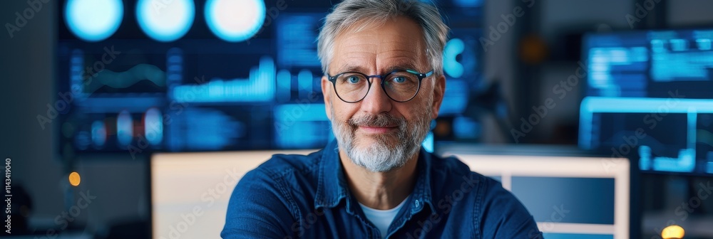 Poster a mature man with glasses smiles confidently in a tech-lit environment, surrounded by screens displa