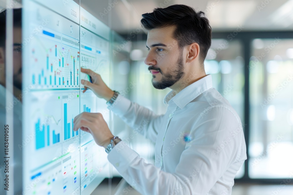 Poster a professional analyzing data on a digital screen, showcasing graphs and metrics in a modern office 