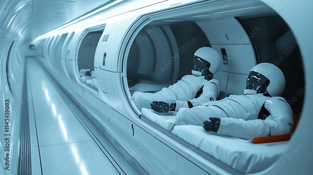 Poster two astronauts in futuristic pods within a sleek, illuminated space environment.