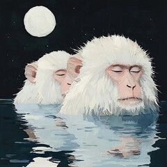 Serene Snow Monkeys Bathing Under a Full Moon A Digital Painting.