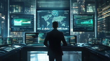 Fototapeta premium A professional businessman using a KPI dashboard, with financial metrics, sales data, and operations analytics displayed on high-resolution screens for performance tracking.