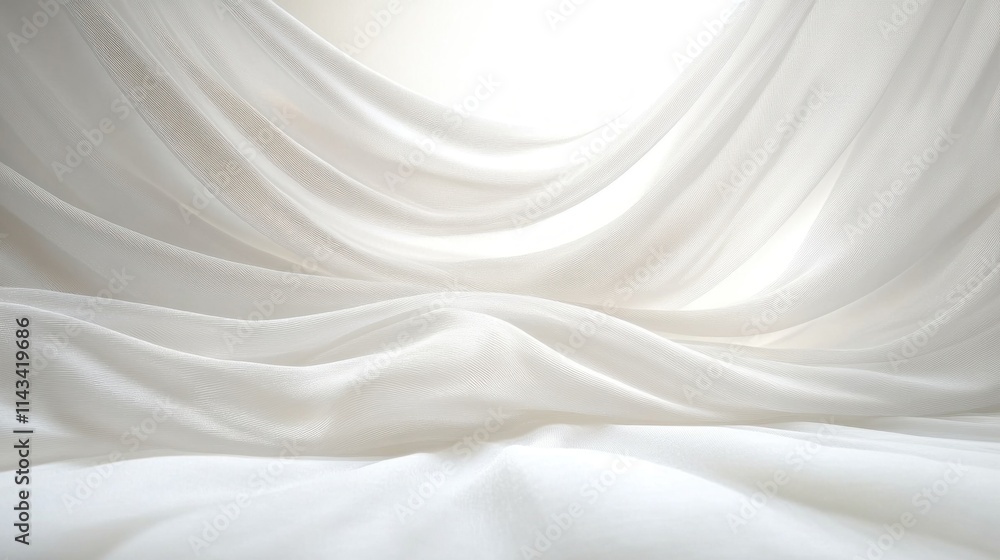 Poster ethereal soft light background with flowing translucent fabrics and minimalist design