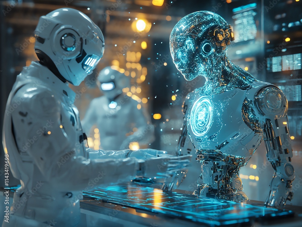 Poster A futuristic interaction between a humanoid robot and a human in a tech-filled environment.