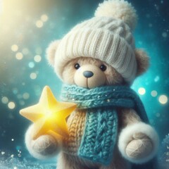 An adorable teddy bear in a winter hat and scarf holds a star, the background twinkles with festive lights