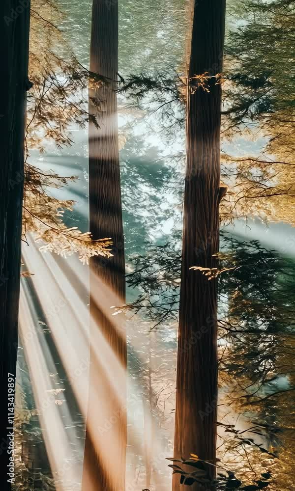 Aufkleber sunlight streams through towering trees in a serene forest setting during early morning hours