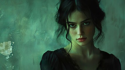 Fototapeta premium Mysterious Woman Portrait: Dark Hair, Intense Gaze