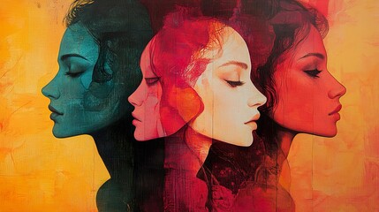 Obraz premium Three Women: A Colorful Profile Portrait Painting