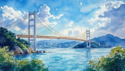 Obraz premium Watercolor Painting of Modern Suspension Bridge Over Blue Sea for Democracy and National Unity Day in Turkey