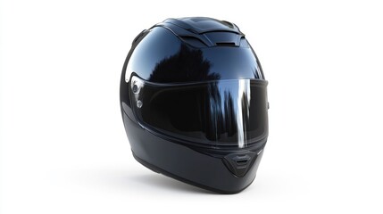 Obraz premium A realistic motorcycle helmet with a glossy finish, showing detailed features such as the faceguard, chin strap, and ventilation holes, isolated against a white background.