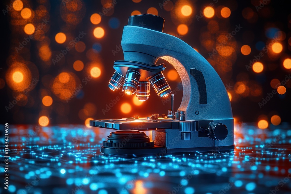Poster futuristic digital microscope with ai enhanced analysis and pattern recognition for scientific resea