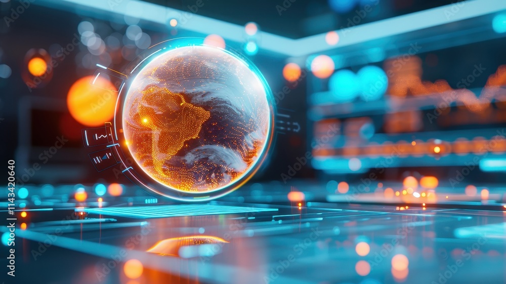 Poster a futuristic digital globe illuminated with vibrant colors, representing technology and data in a hi