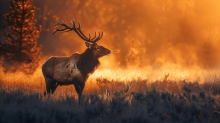 Naklejka premium Majestic Elk in Autumn Forest Scene at Sunrise