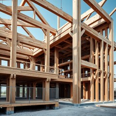 Fototapeta premium Wooden framework at construction site wood concrete design wood design concrete architecture wall floor modern