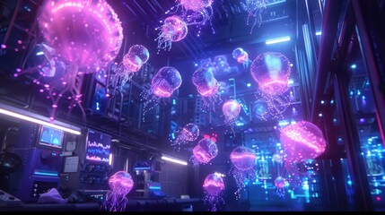 Obraz premium A swarm of glowing nanobots dancing in a laboratory, AI generated image