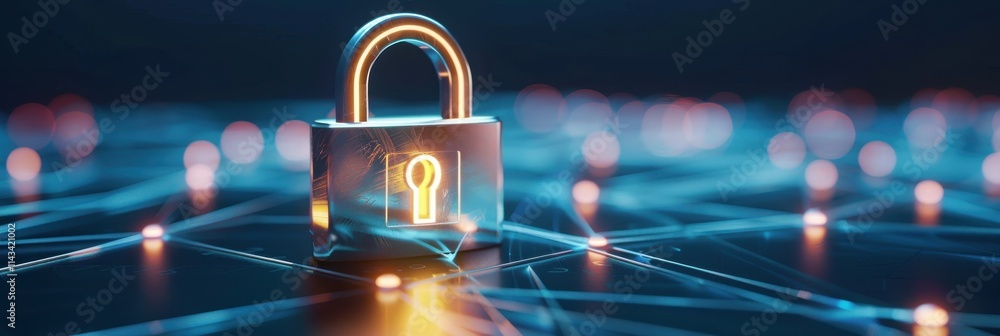 Poster a glowing padlock on a digital network background symbolizes cybersecurity and data protection.