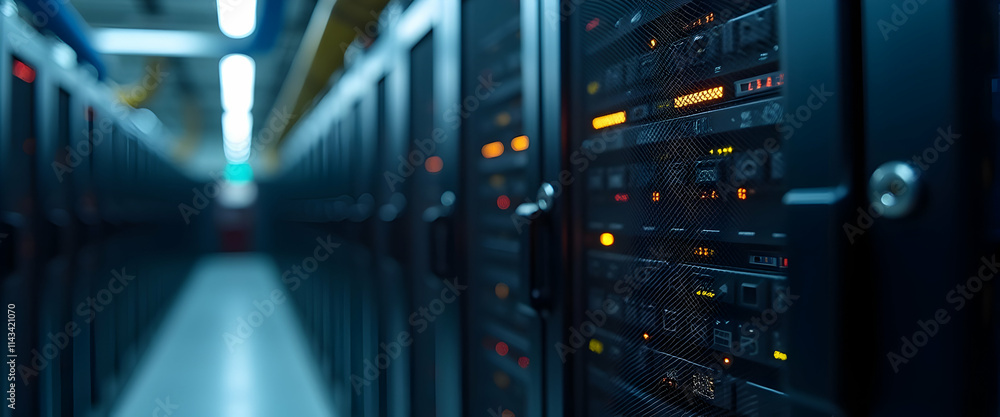 Poster deep within the server room, glowing lights illuminate rows of humming servers, a digital heart beat