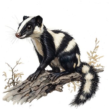 Striking Watercolor Painting of a Banded Linsang Perched on a Tree Branch.