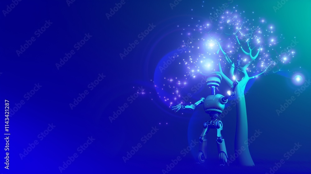 Poster a futuristic illustration of a robot reaching for a glowing tree, symbolizing the magical interactio