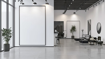 Modern art gallery interior with white blank wall frame mockup, minimalist black and white decor, and track lighting.