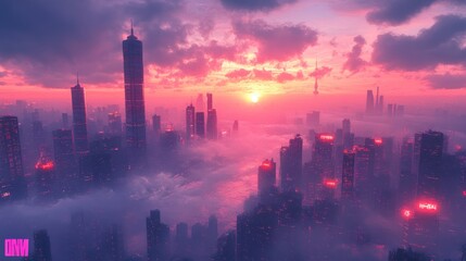 Fototapeta premium Futuristic city skyline, pink sunset, hazy clouds.