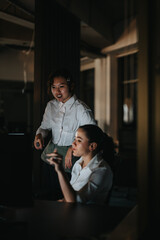 Two business coworkers focus intensely on a computer screen in a dimly lit office. Their teamwork and dedication are evident as they collaborate on a project late into the night.