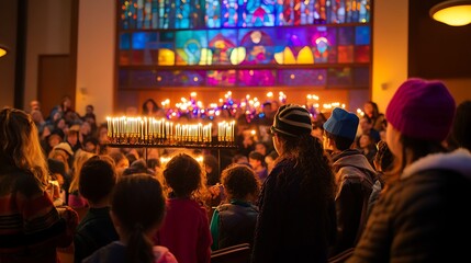 Children and adults hold candles during a religious service in a church.