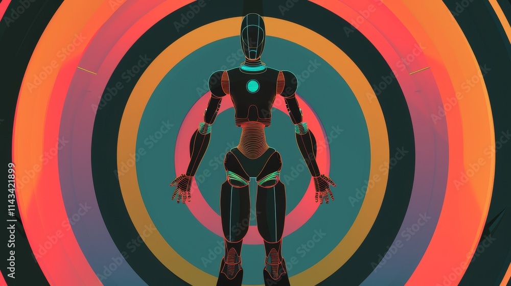 Poster a futuristic humanoid robot centered in an abstract concentric circle design featuring bold red, ora