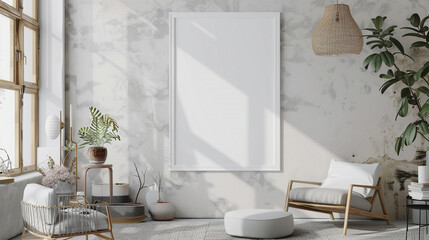 Elegant gallery featuring white blank wall frame mockup, minimalist furnishings, and natural light.