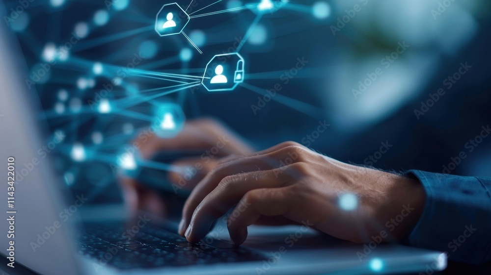 Poster a close-up of hands typing on a laptop, with digital connections and icons representing networking a