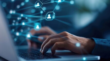 A close-up of hands typing on a laptop, with digital connections and icons representing networking and communication.