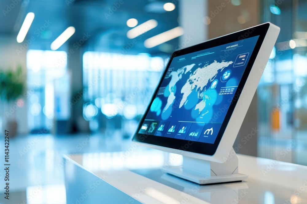 Poster a modern touchscreen monitor displaying a world map, set in a contemporary space with blurred backgr