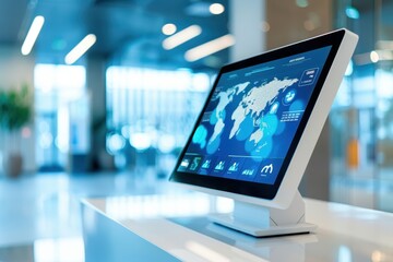 A modern touchscreen monitor displaying a world map, set in a contemporary space with blurred backgrounds, ideal for information or navigation purposes.