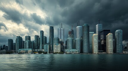 Fototapeta premium A dramatic shot of Financial District on a cloudy day, with business skyscrapers piercing the sky. The tall buildings stand strong against the overcast backdrop, embodying the strength of the economy