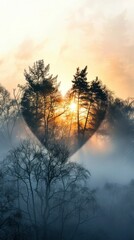 Obraz premium Radiant sunset casts a captivating glow over the misty ethereal forest landscape creating a serene and tranquil atmosphere