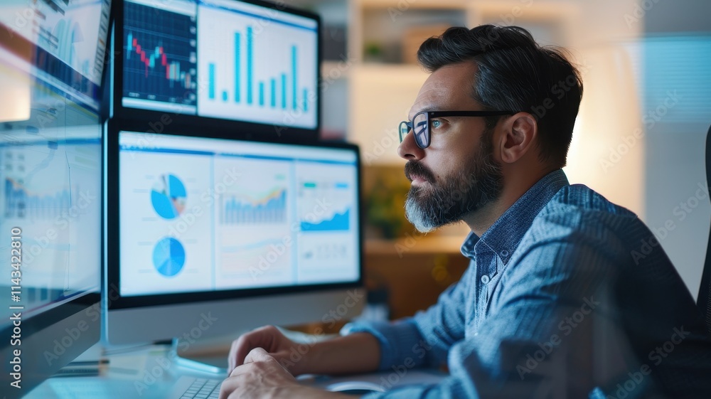 Poster a focused man analyzes data on multiple monitors, displaying various charts and graphs, in a modern 