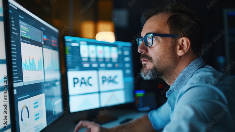 Poster a focused professional analyzes data on multiple screens in a dimly lit environment, showcasing tech