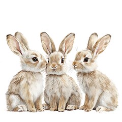Obraz premium Three Adorable Brown Rabbits Sitting Close Together, Watercolor Illustration.