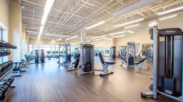 A spacious modern gym with minimalist decor, featuring high-end cardio and weight training equipment, sleek flooring, and contemporary lighting that enhances the space.