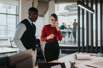 A diverse group of coworkers discuss a project in a modern office space. They are engaged in a...