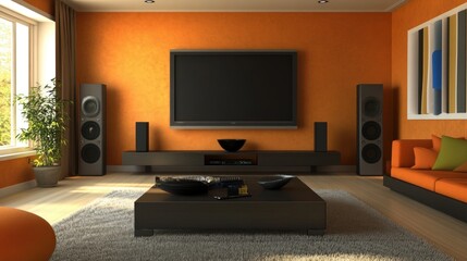 A stylish modern living room with clean lines, bold accent furniture, and a minimalist design, showcasing a large flat-screen TV mounted on the wall and a cozy, inviting feel.