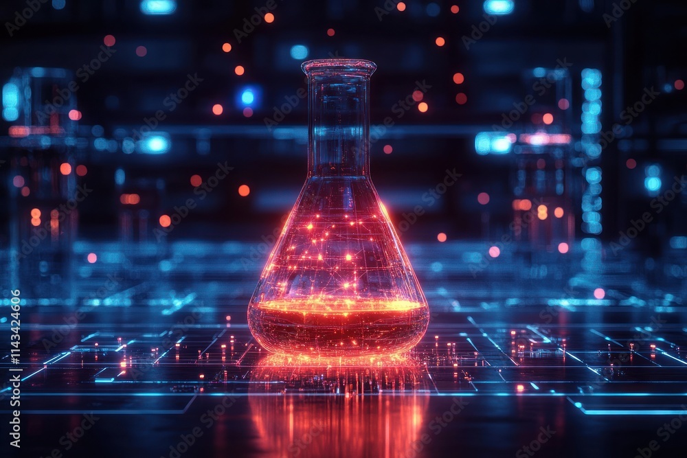 Poster Glowing Flask in Digital Laboratory Symbolizing AI Integration in Scientific Research and Innovation
